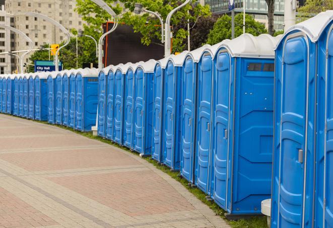 a colorful lineup of portable restrooms for concerts and music festivals in Beverly Hills, CA